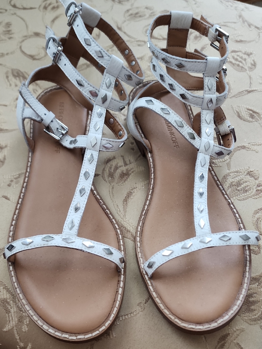 Rebecca Minkoff White Studded T-Strap Sandals with Silver Accents